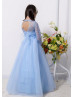 Blue Lace Tulle Floor Length Keyhole Back Flower Girl Dress